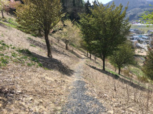 新しく整備された西向口への道：山形市の長谷堂城跡公園を歩く － 2018年4月